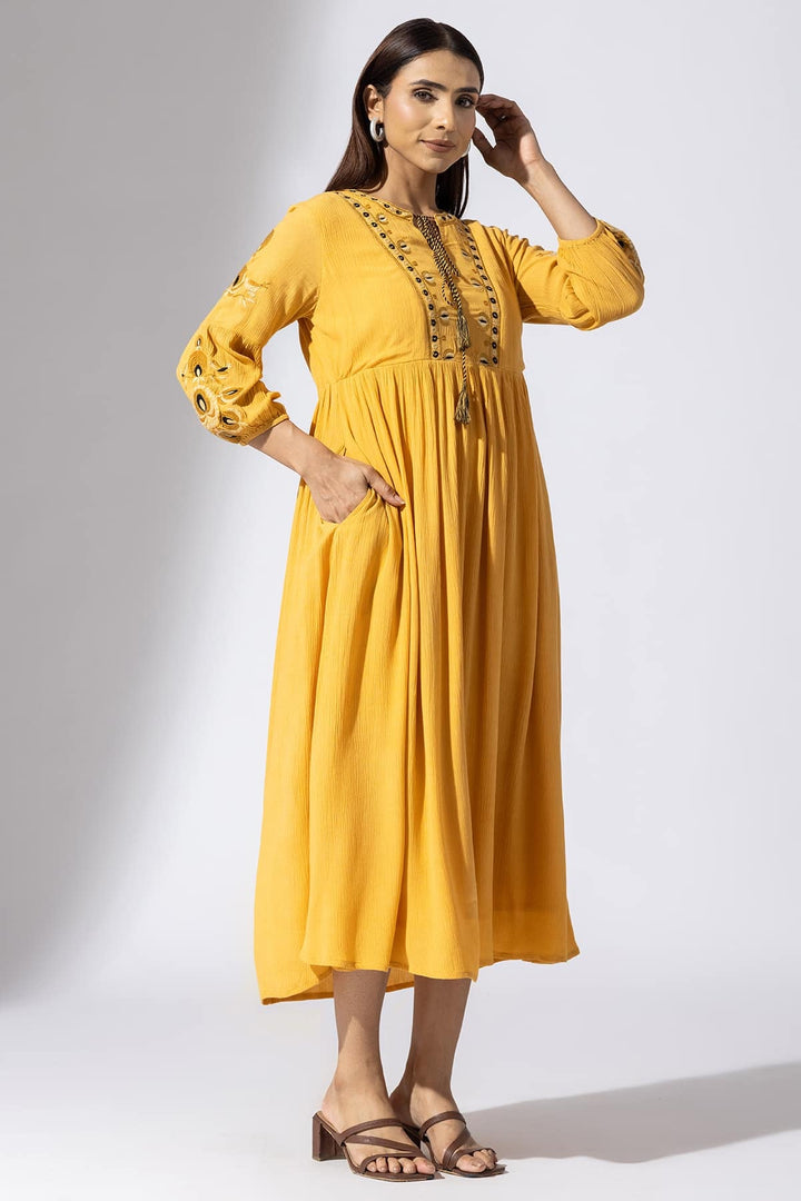 Mustard Embroidered Viscose Casual Dress with Round Neck