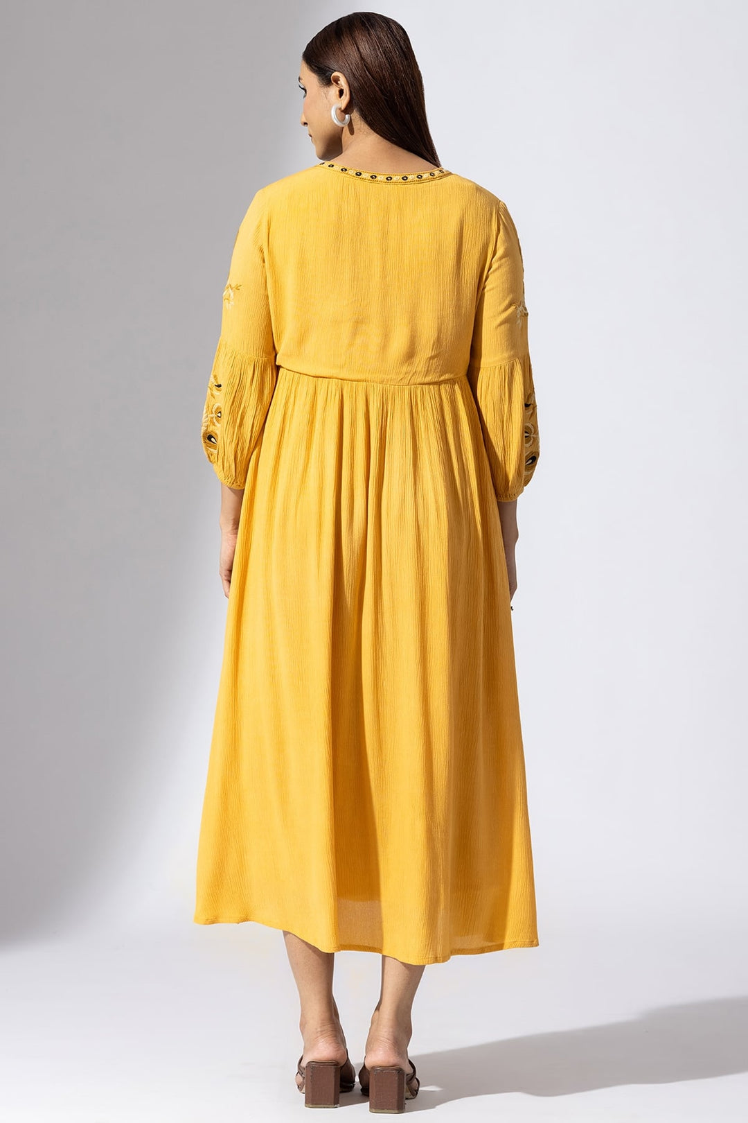 Mustard Embroidered Viscose Casual Dress with Round Neck