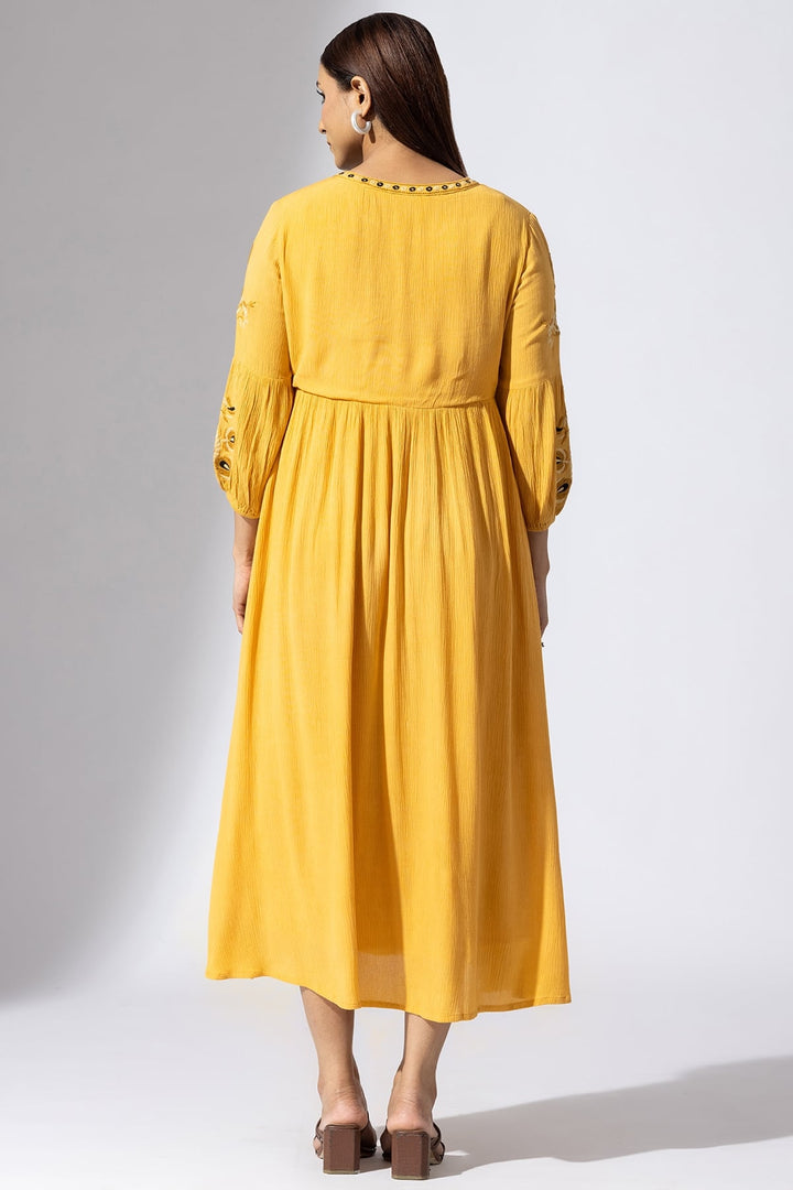 Mustard Embroidered Viscose Casual Dress with Round Neck