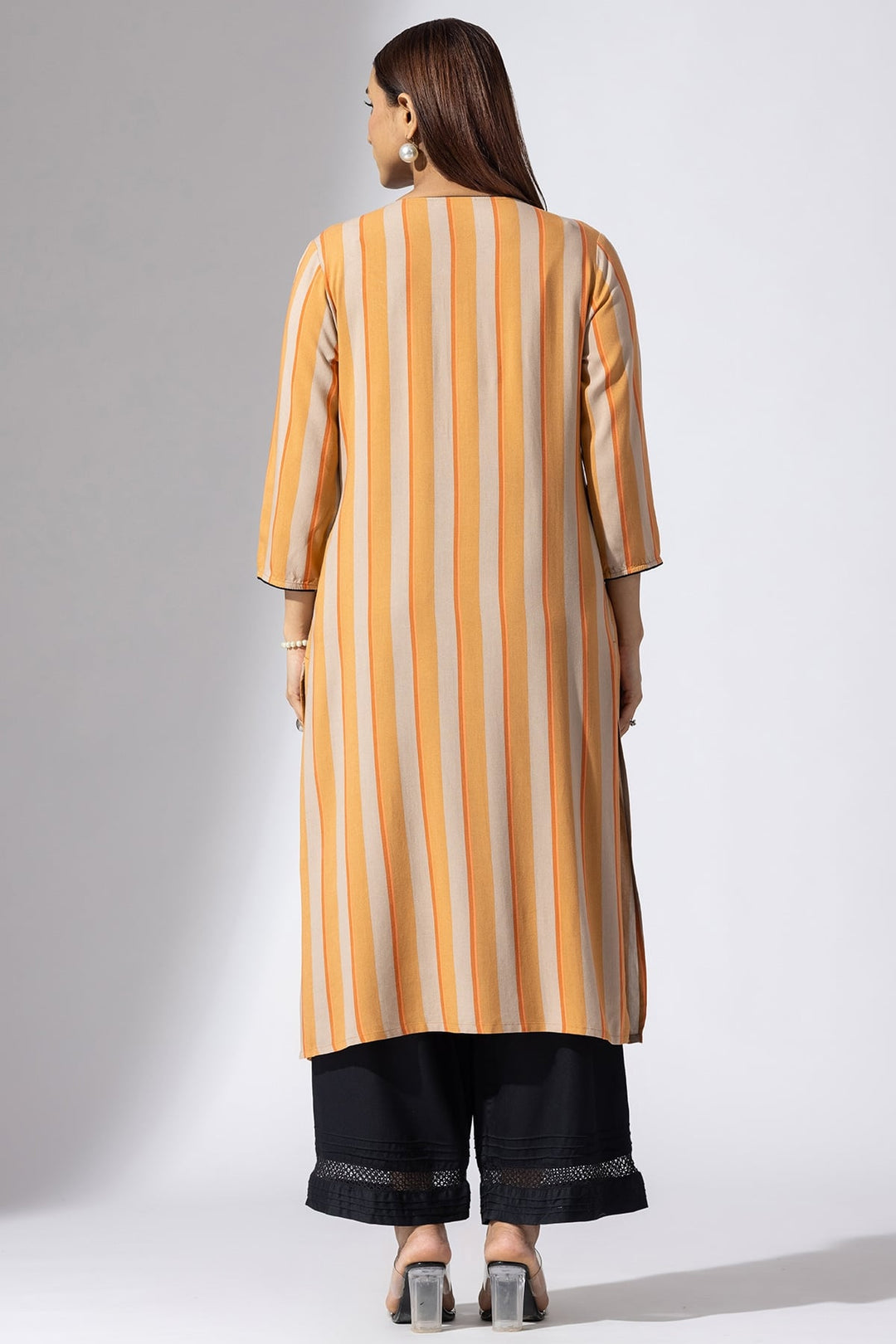 Orange Striped Rayon Kurti with V-Neck
