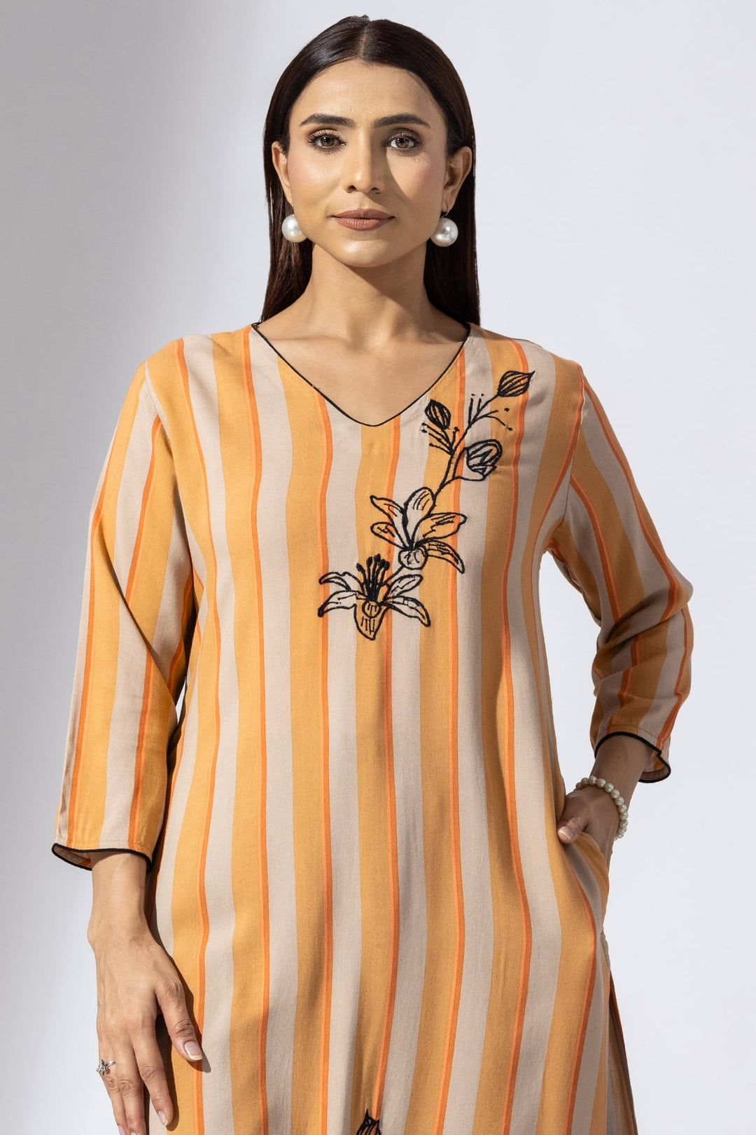 Orange Striped Rayon Kurti with V-Neck