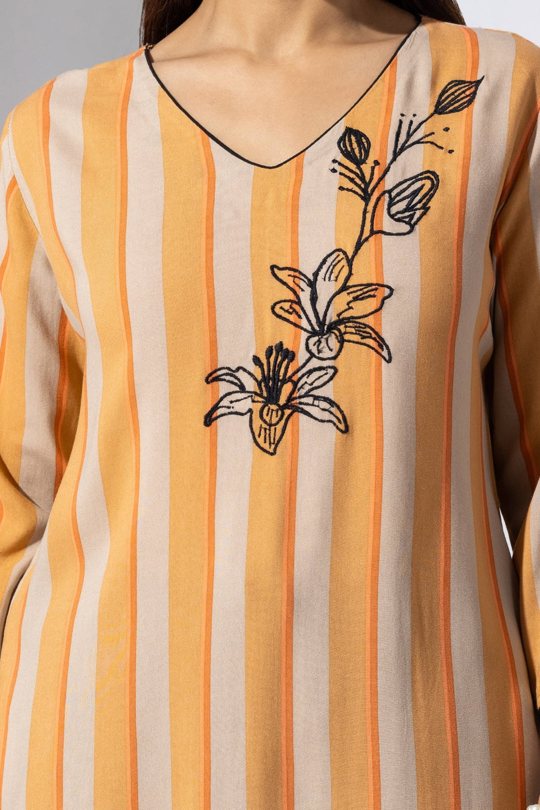 Orange Striped Rayon Kurti with V-Neck