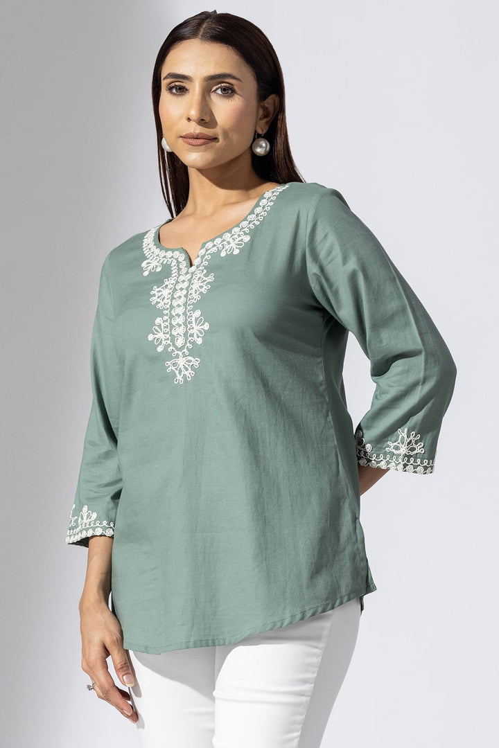 Olive Green Embroidered Rayon Twill Casual Top with Round Neck