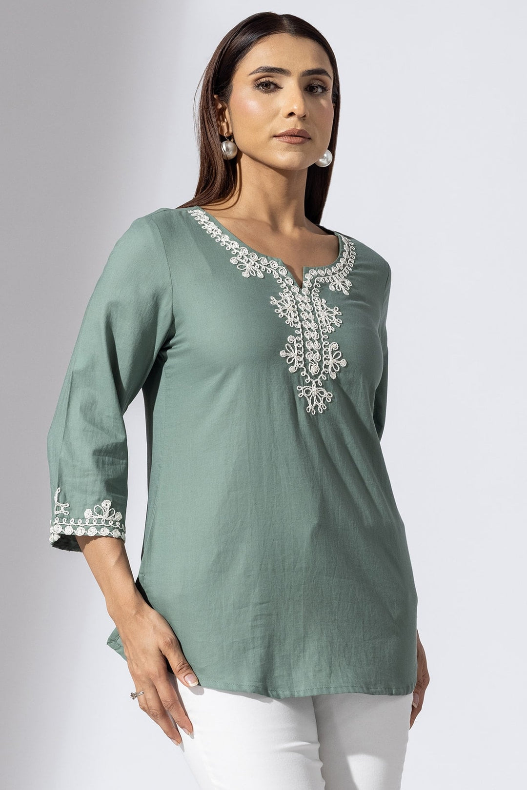 Olive Green Embroidered Rayon Twill Casual Top with Round Neck