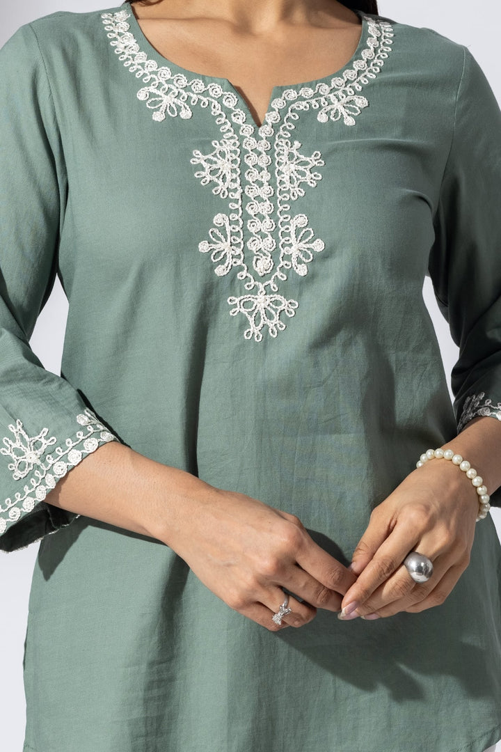 Olive Green Embroidered Rayon Twill Casual Top with Round Neck