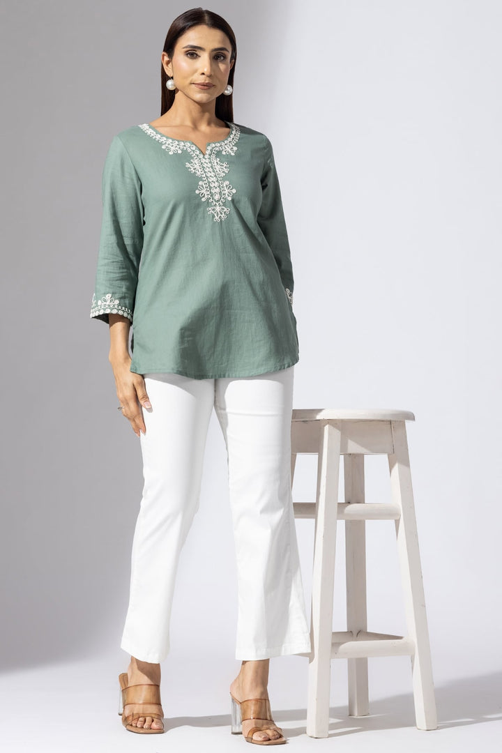 Olive Green Embroidered Rayon Twill Casual Top with Round Neck