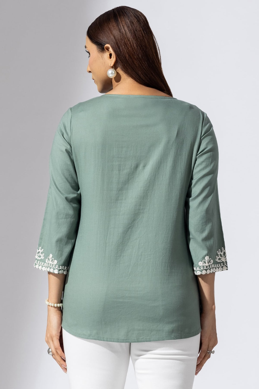 Olive Green Embroidered Rayon Twill Casual Top with Round Neck