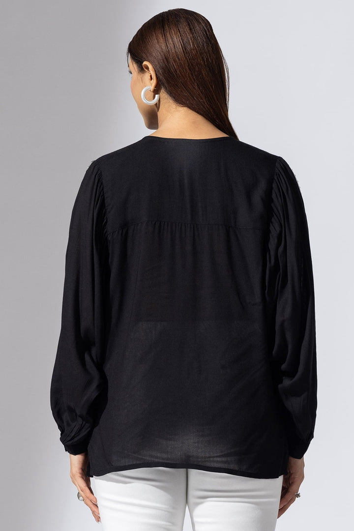 Black Solid Modal Casual Top with V-Neck &amp; Full Sleeves