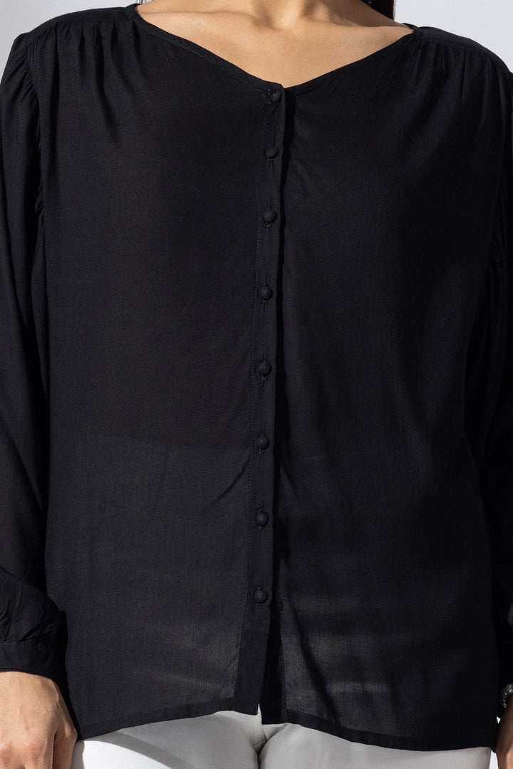 Black Solid Modal Casual Top with V-Neck &amp; Full Sleeves