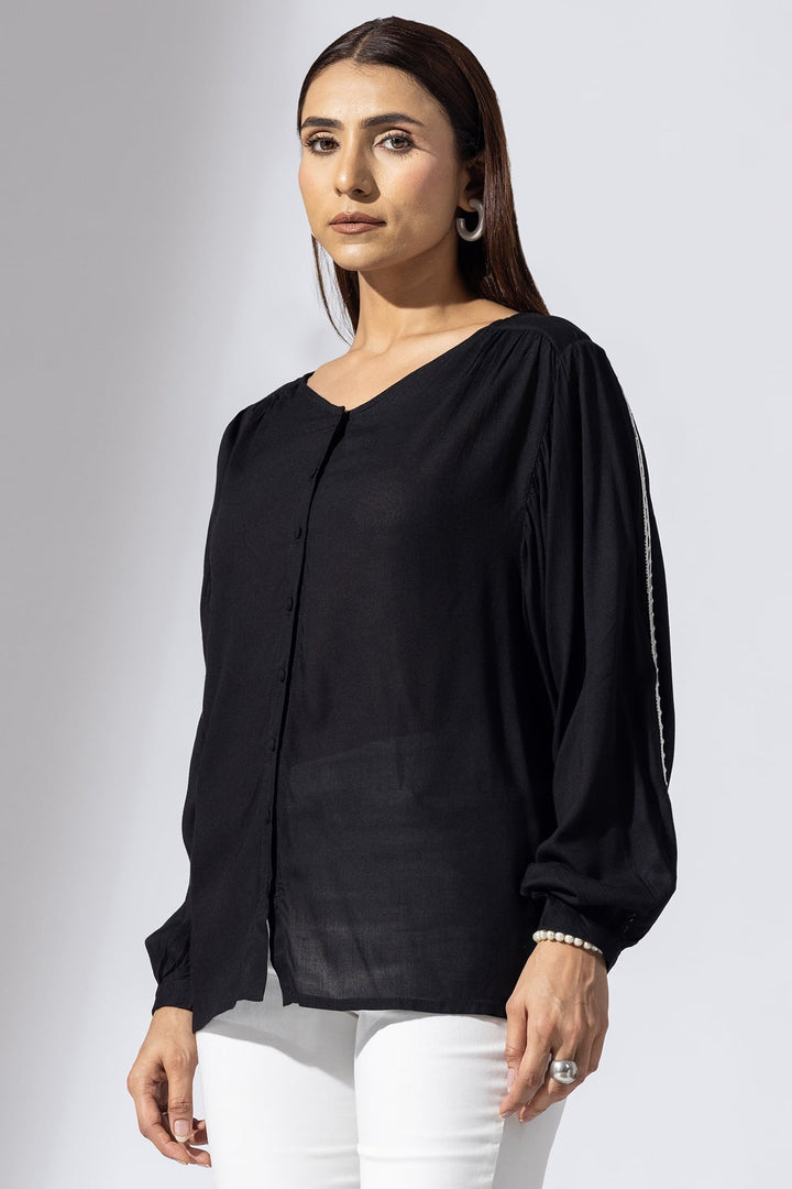 Black Solid Modal Casual Top with V-Neck &amp; Full Sleeves