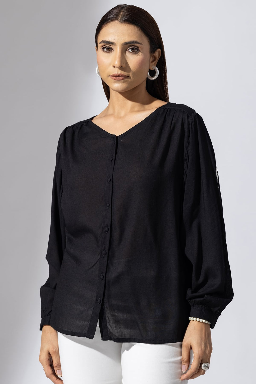 Black Solid Modal Casual Top with V-Neck &amp; Full Sleeves