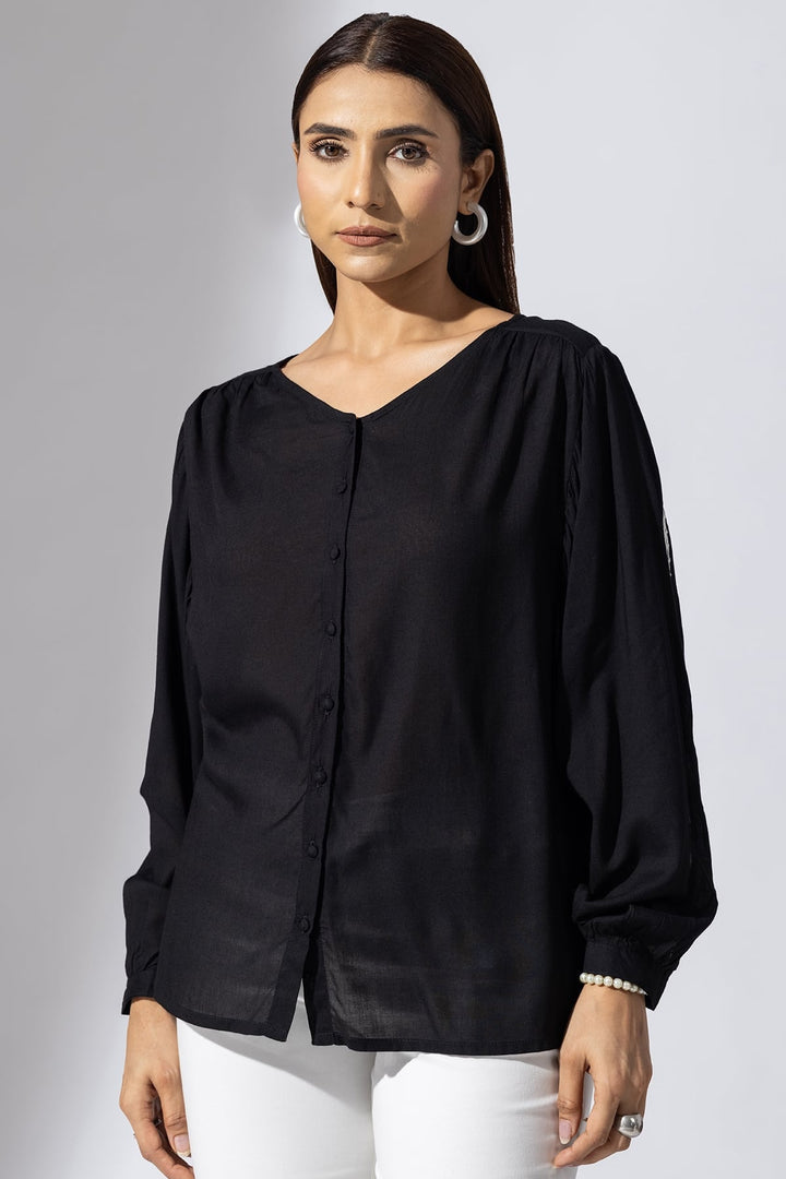 Black Solid Modal Casual Top with V-Neck &amp; Full Sleeves