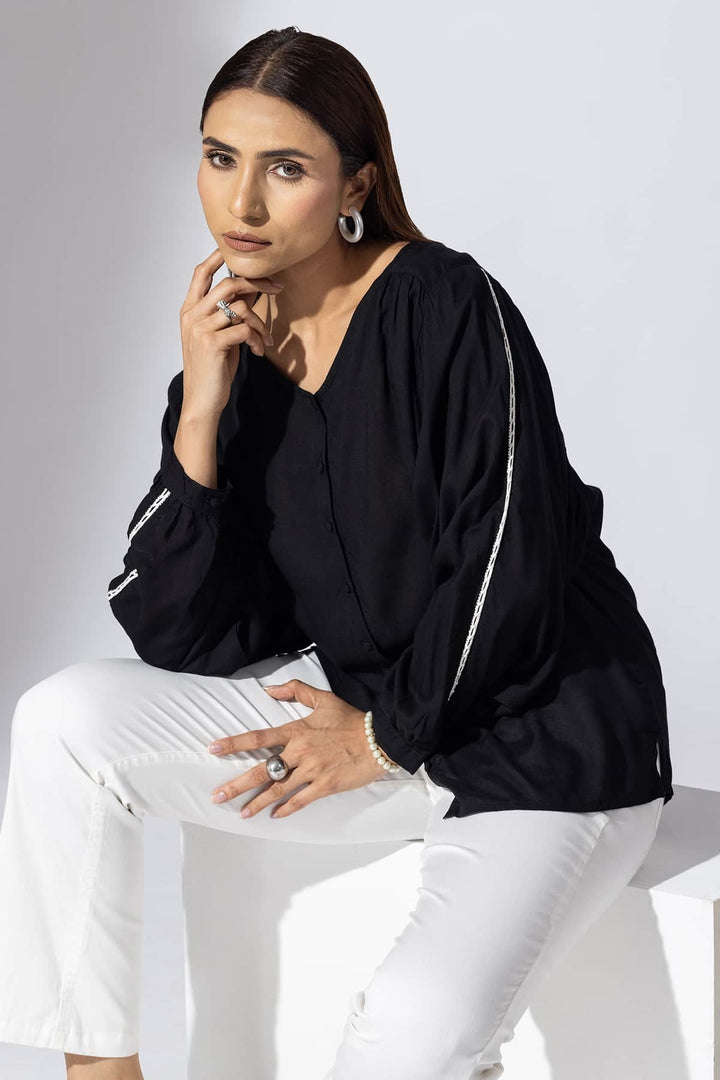 Black Solid Modal Casual Top with V-Neck &amp; Full Sleeves