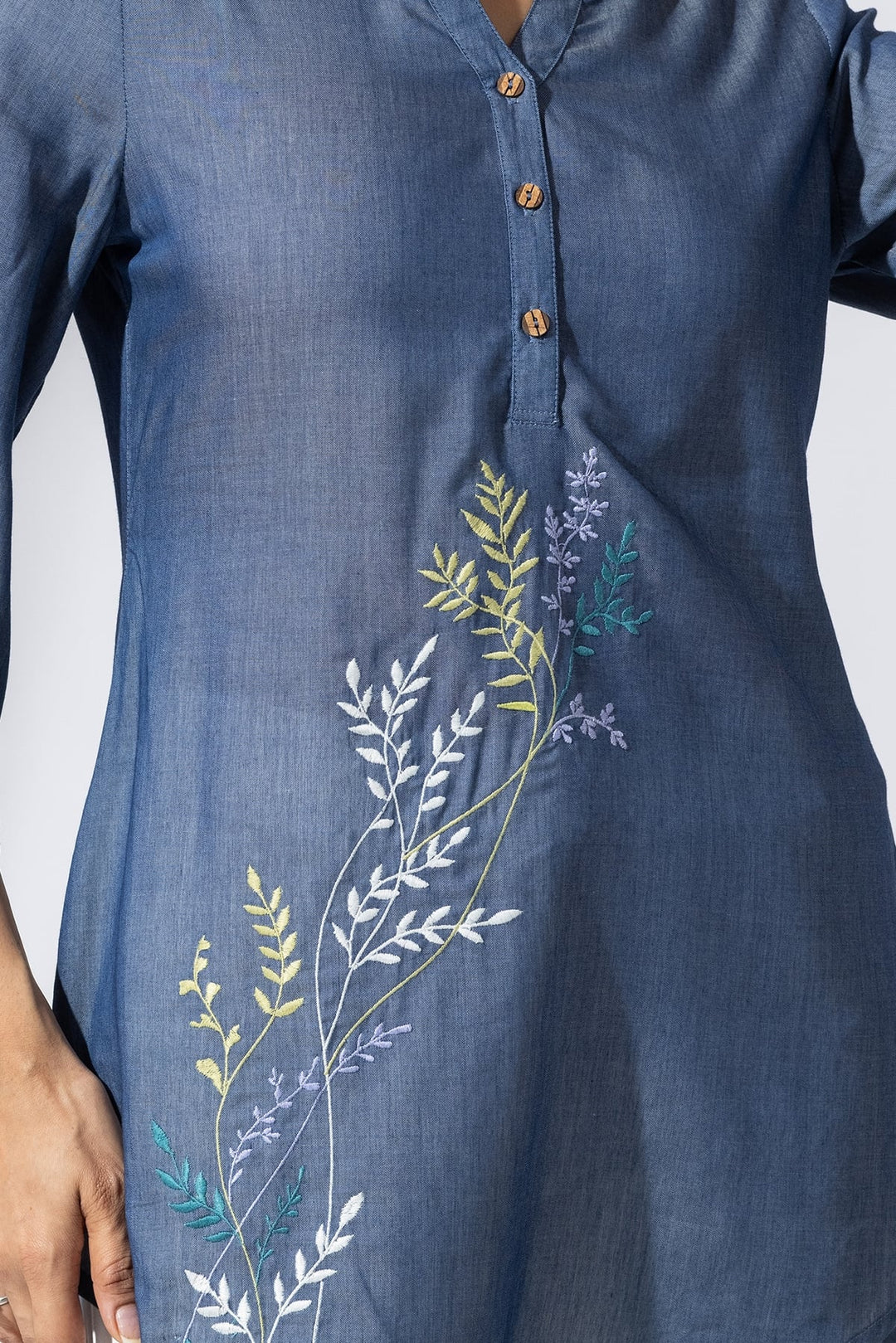 Blue Chambray Embroidered Tunic with Mandarin Collar &amp; 3/4 Sleeves