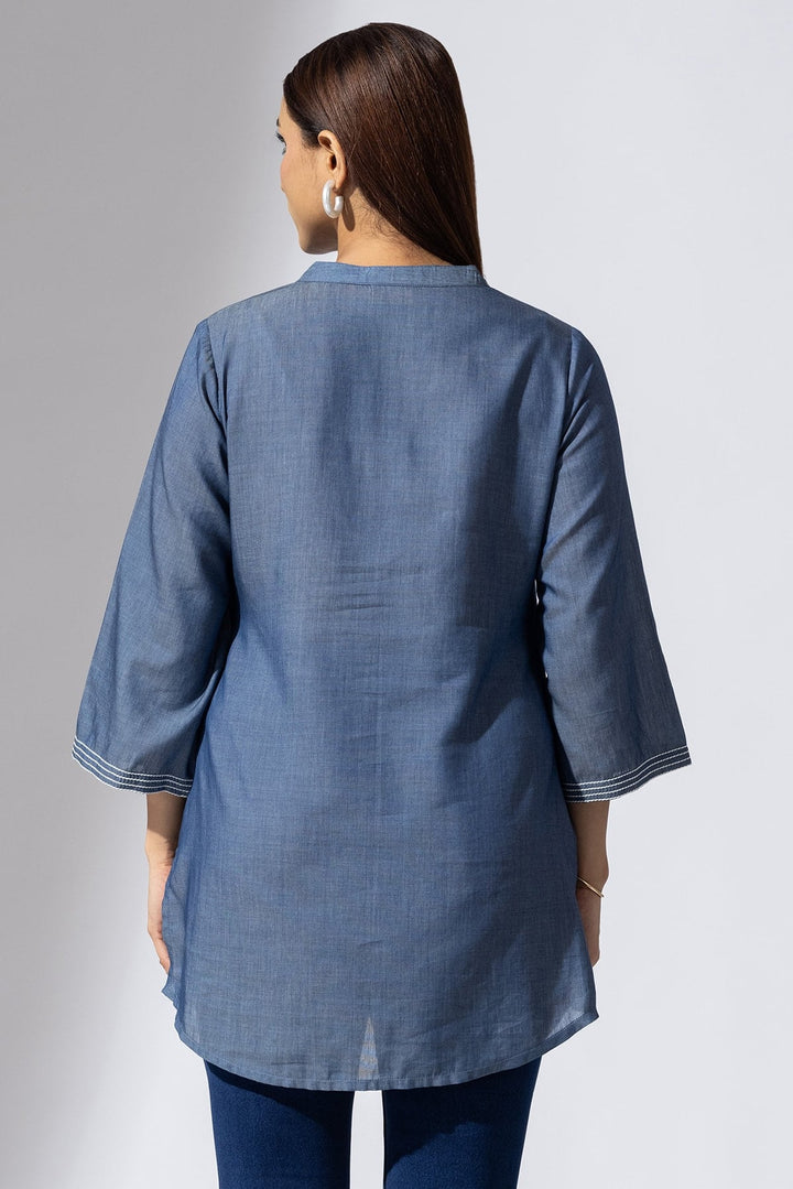 Blue Chambray Embroidered Tunic with Mandarin Collar &amp; 3/4 Sleeves
