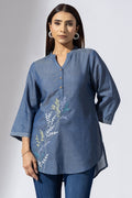 Blue Chambray Embroidered Tunic with Mandarin Collar & 3/4 Sleeves