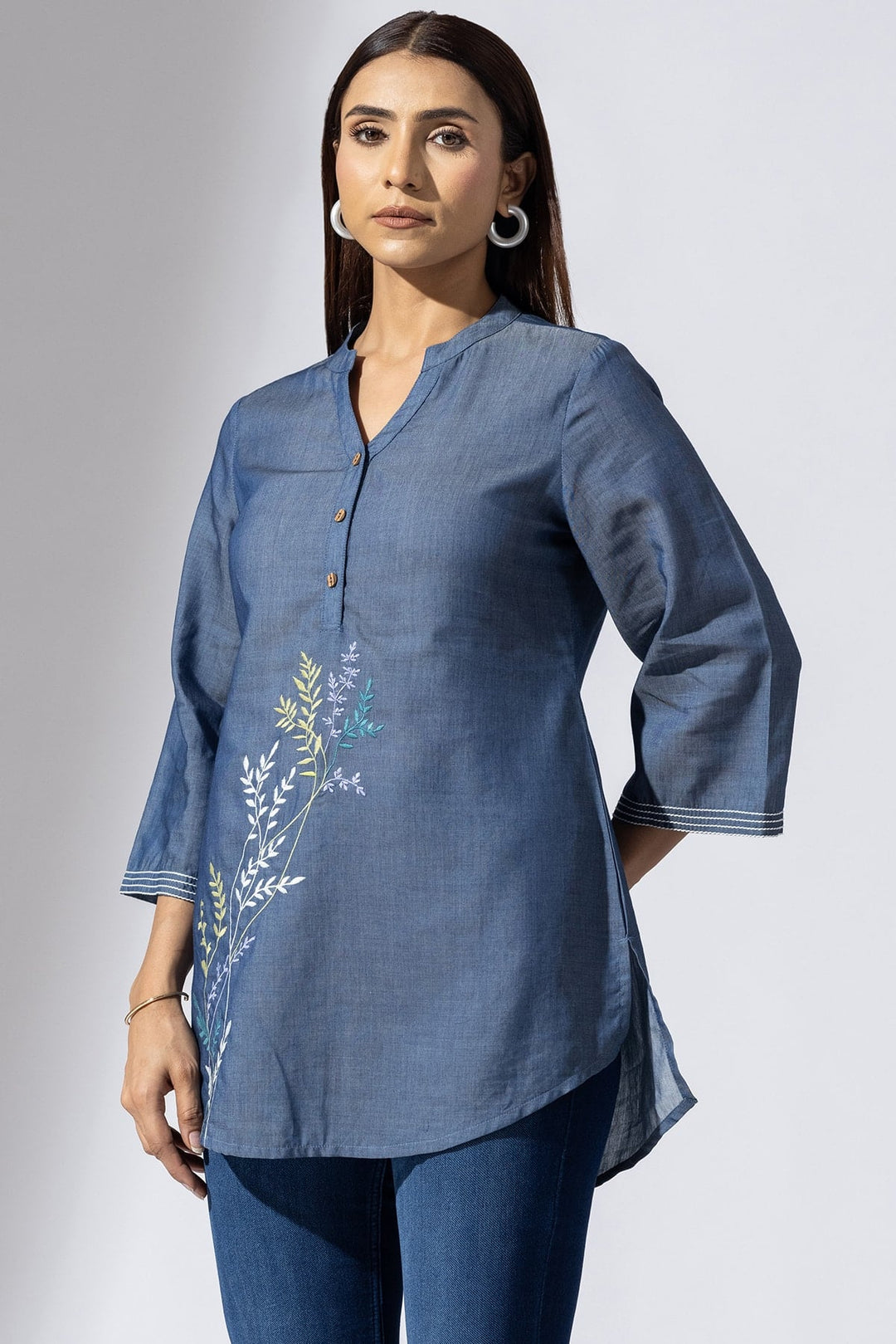 Blue Chambray Embroidered Tunic with Mandarin Collar &amp; 3/4 Sleeves