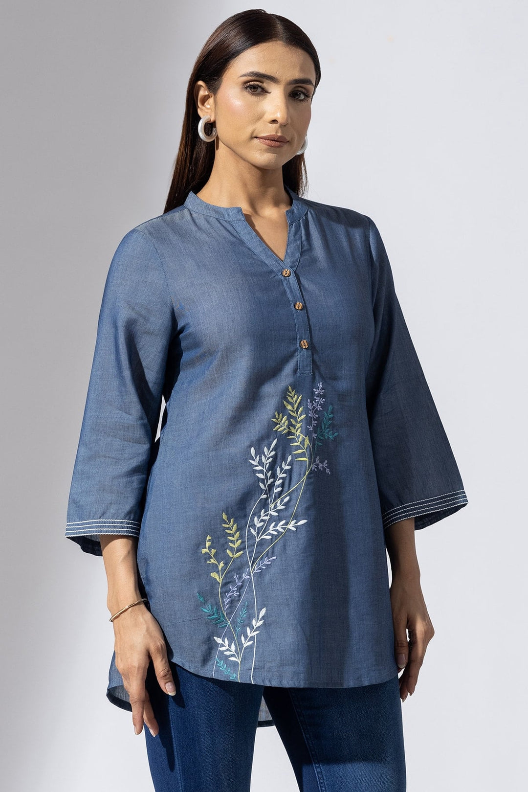 Blue Chambray Embroidered Tunic with Mandarin Collar &amp; 3/4 Sleeves