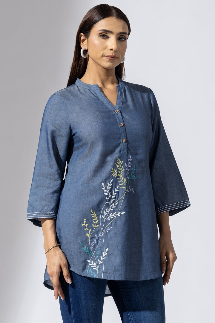 Blue Chambray Embroidered Tunic with Mandarin Collar &amp; 3/4 Sleeves