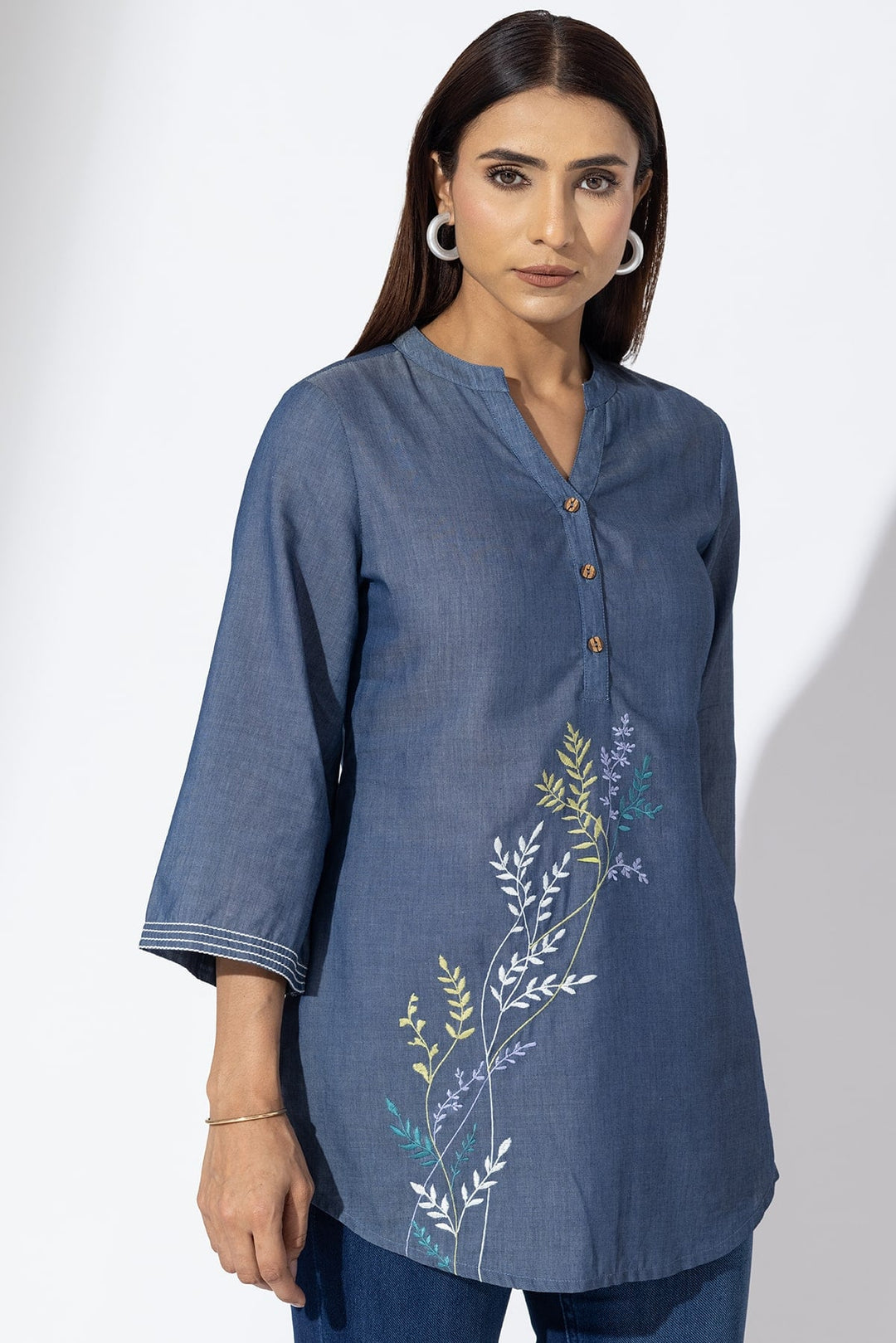 Blue Chambray Embroidered Tunic with Mandarin Collar &amp; 3/4 Sleeves