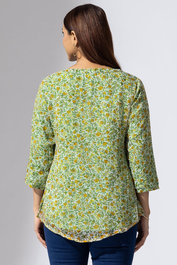 Green Printed Casual Top with Round Neck