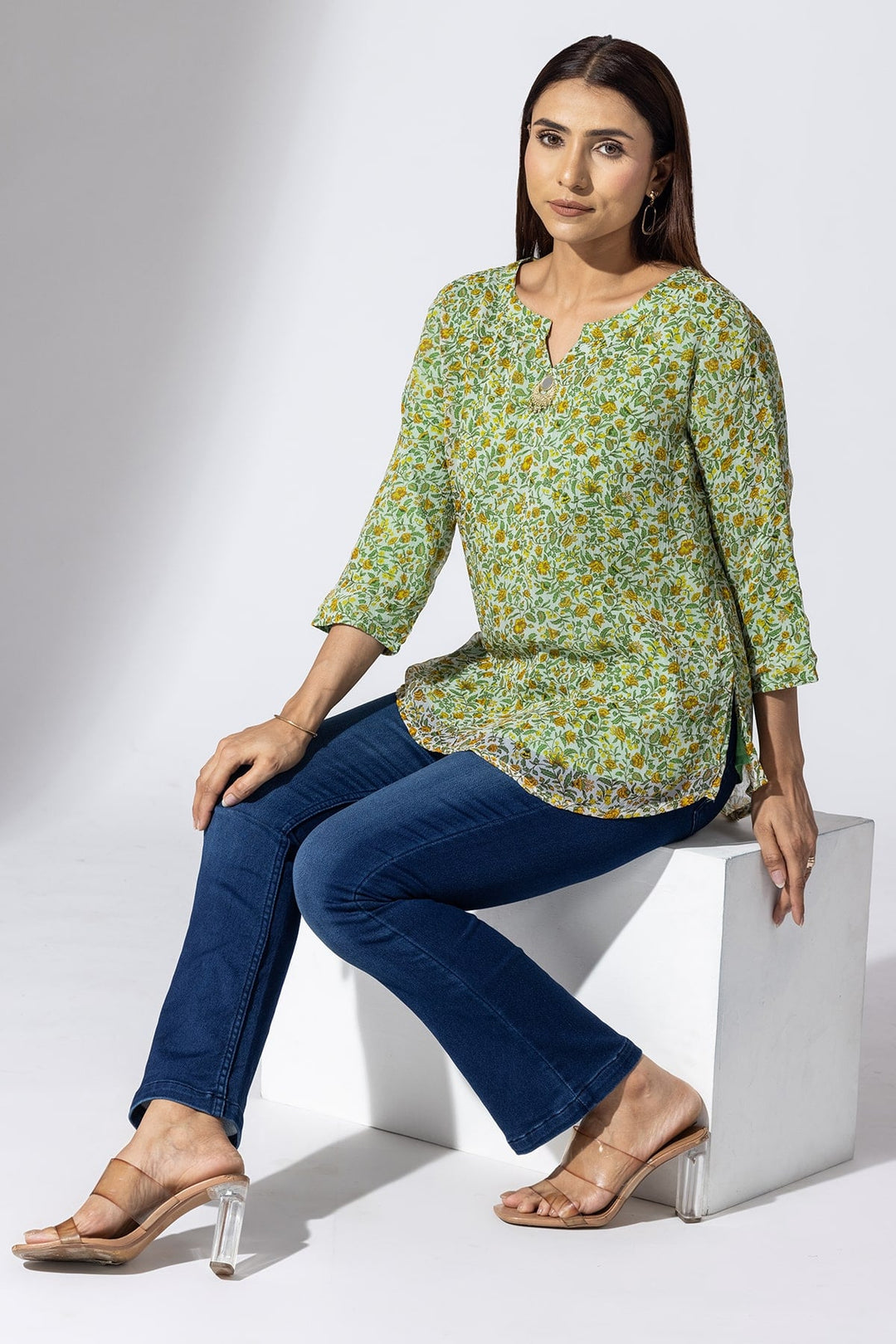 Green Printed Casual Top with Round Neck