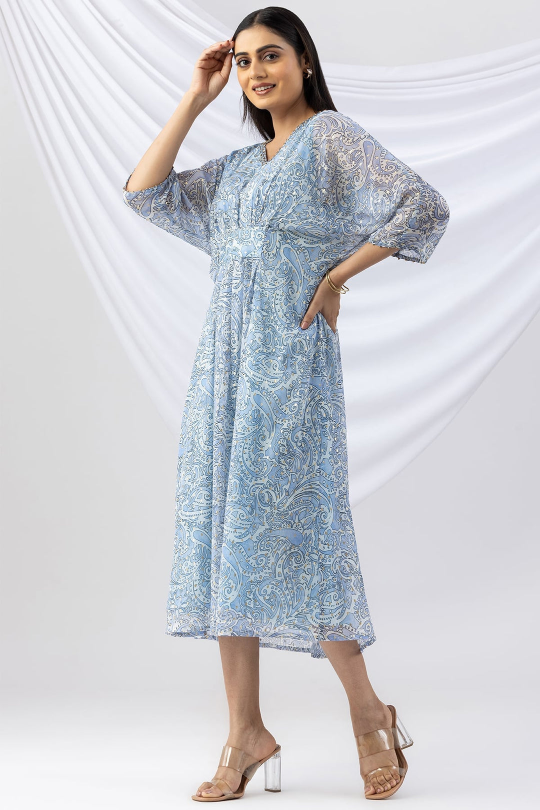 Sky Blue Printed Chiffon Kaftan with V-Neck &amp; Kimono Sleeves