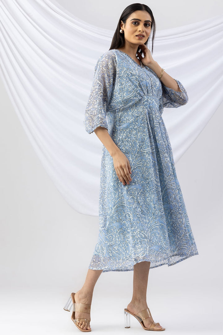 Sky Blue Printed Chiffon Kaftan with V-Neck &amp; Kimono Sleeves