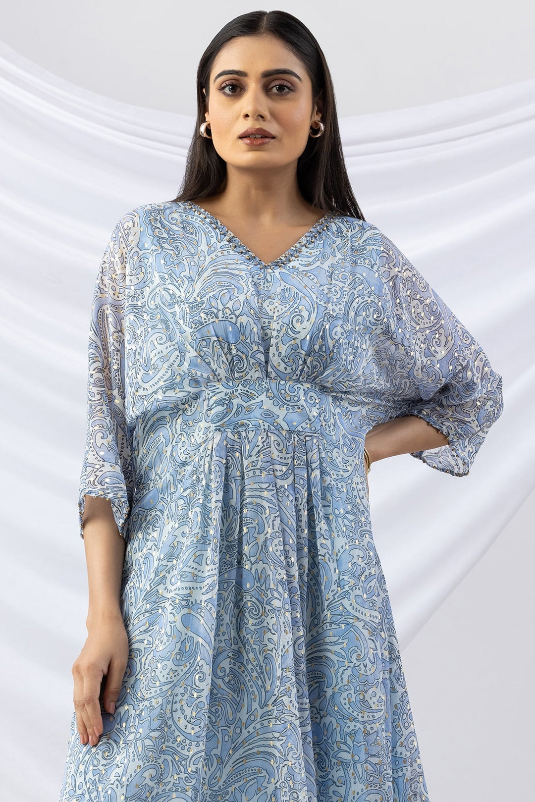 Sky Blue Printed Chiffon Kaftan with V-Neck &amp; Kimono Sleeves