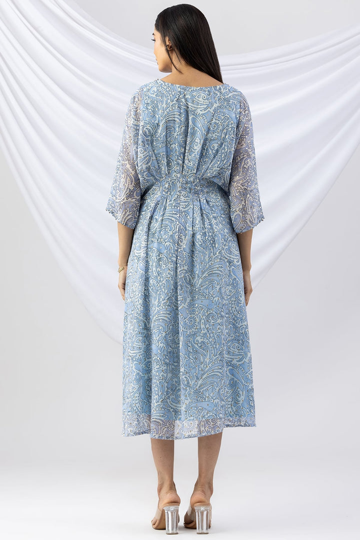 Sky Blue Printed Chiffon Kaftan with V-Neck &amp; Kimono Sleeves
