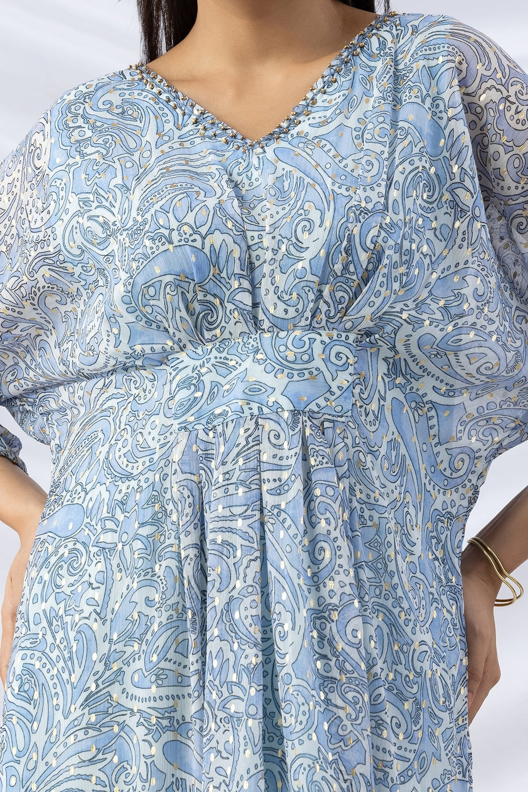 Sky Blue Printed Chiffon Kaftan with V-Neck &amp; Kimono Sleeves