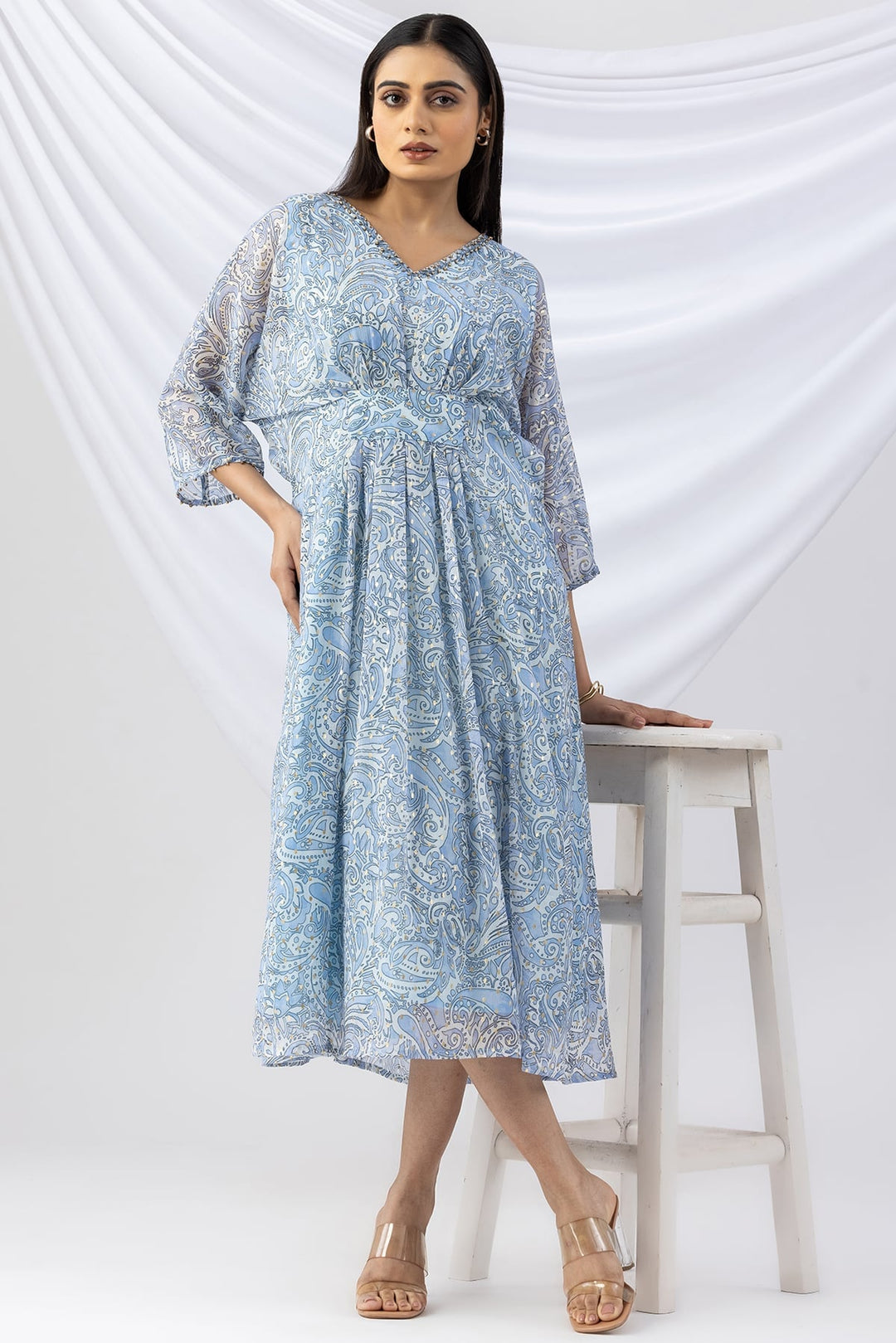 Sky Blue Printed Chiffon Kaftan with V-Neck &amp; Kimono Sleeves