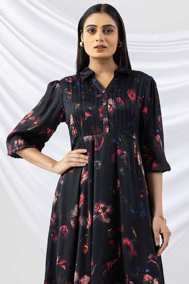 Black Chiffon Printed Dress with Collar &amp; 3/4th Sleeves