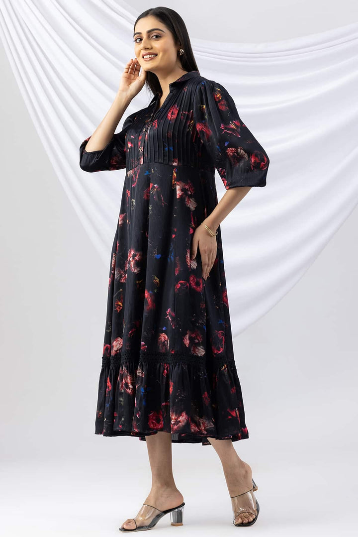 Black Chiffon Printed Dress with Collar &amp; 3/4th Sleeves