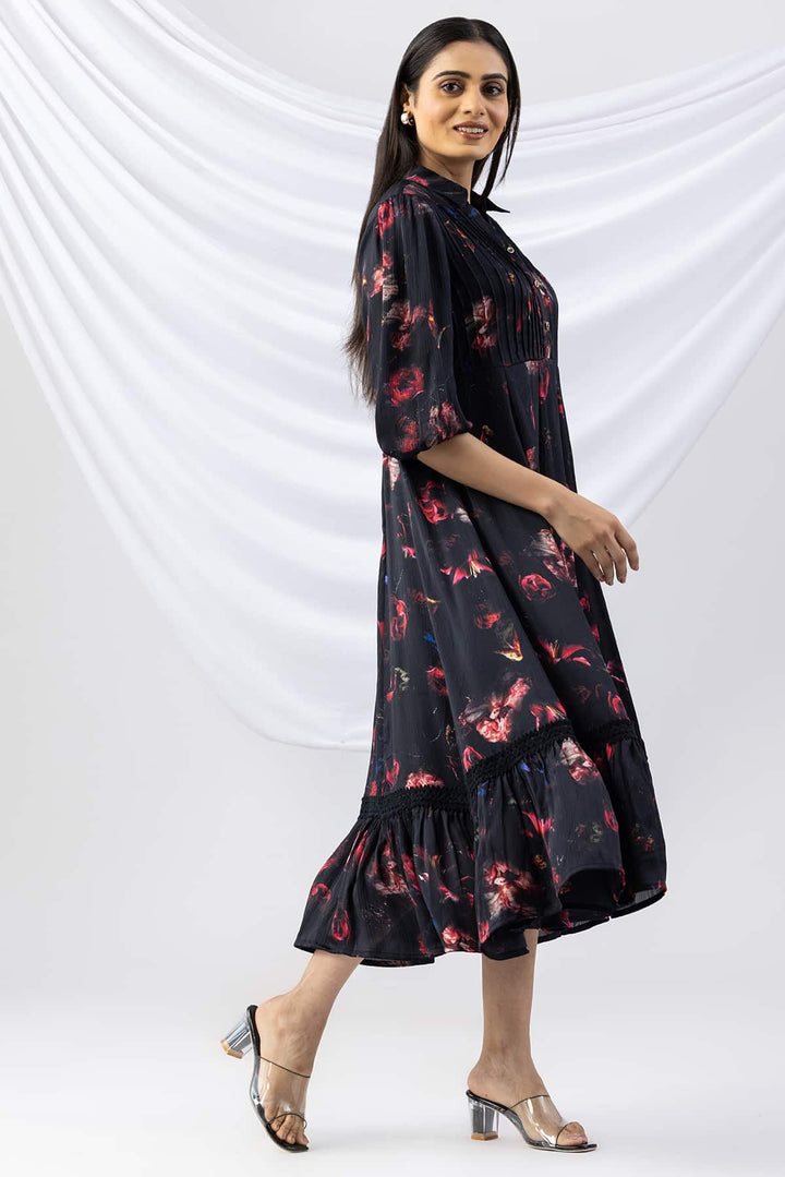 Black Chiffon Printed Dress with Collar &amp; 3/4th Sleeves