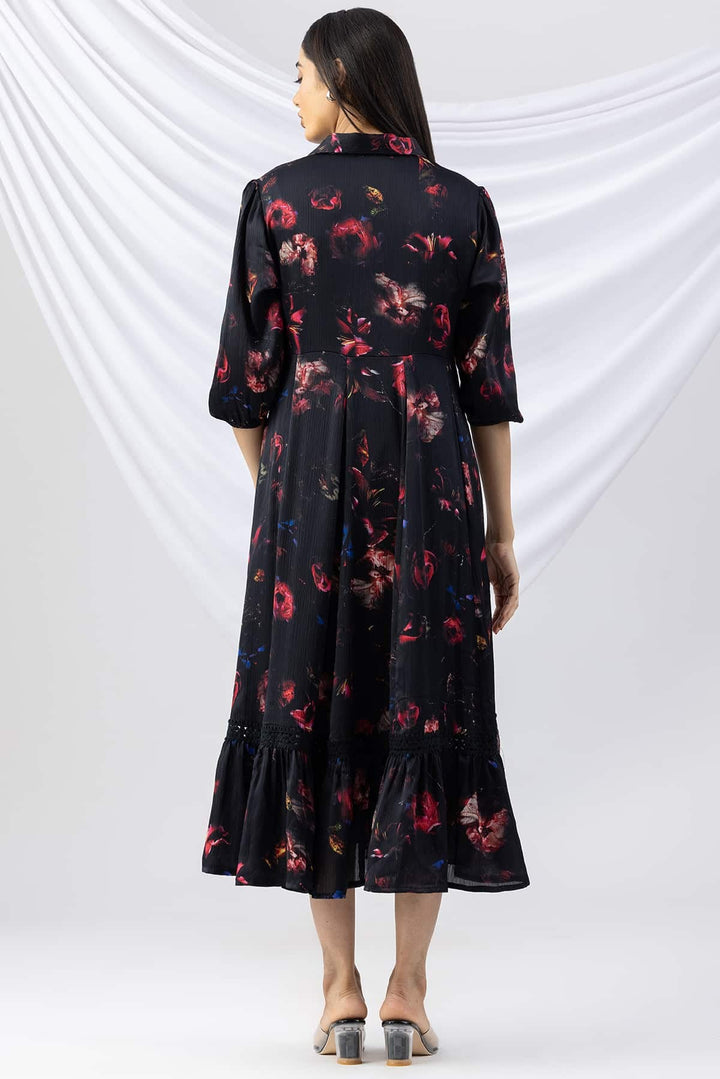 Black Chiffon Printed Dress with Collar &amp; 3/4th Sleeves