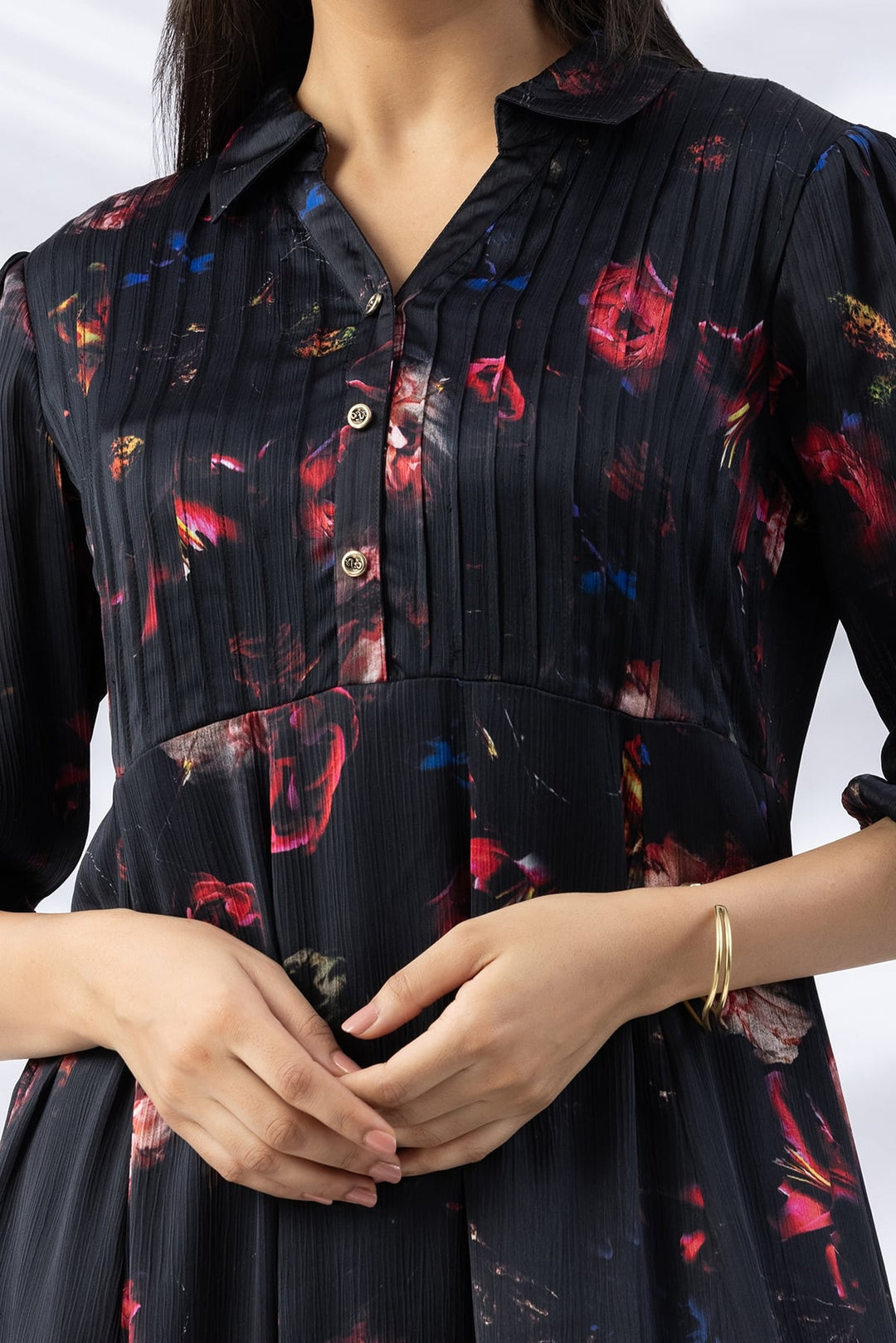 Black Chiffon Printed Dress with Collar &amp; 3/4th Sleeves