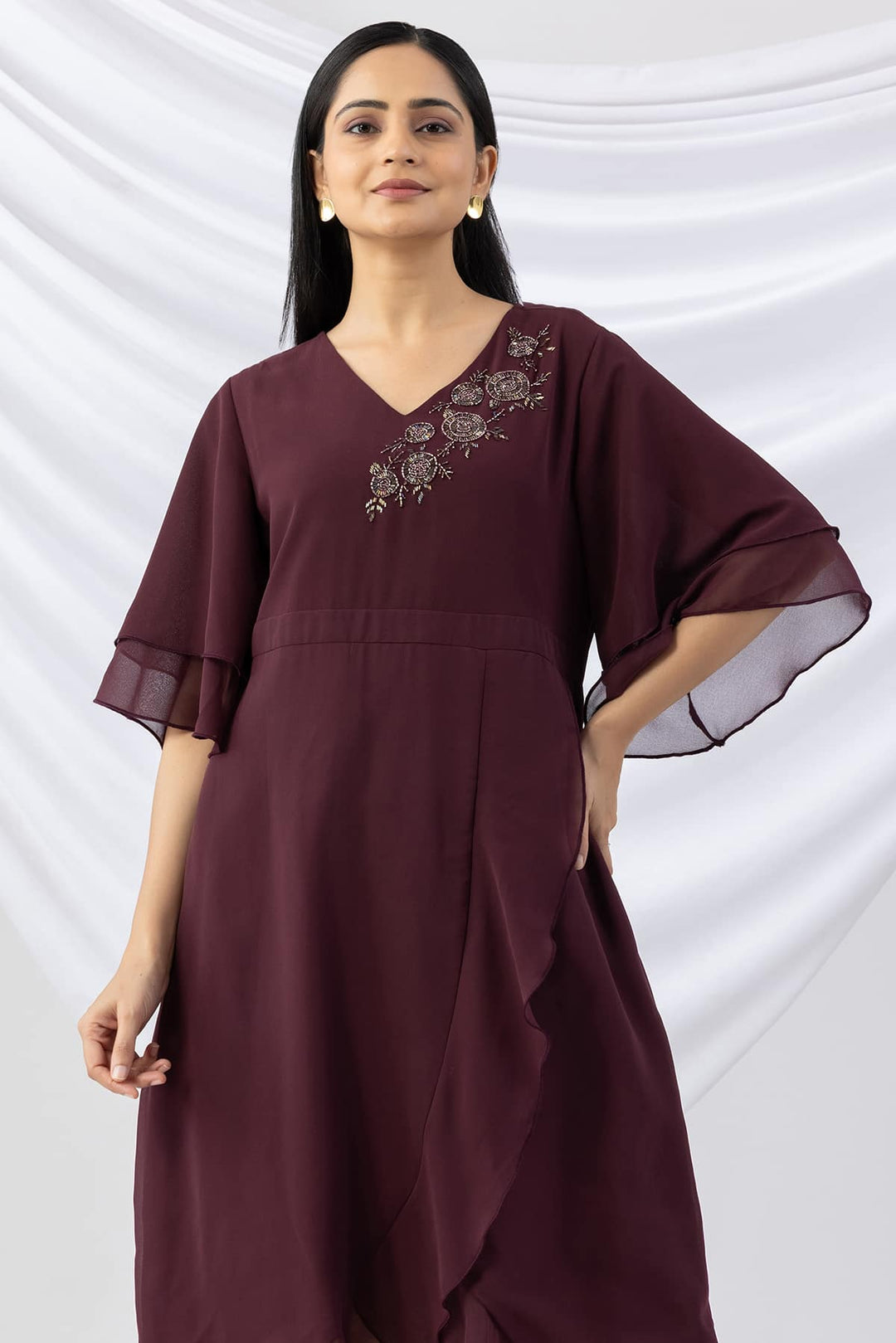 Wine Embroidered Georgette Dress with V-Neck &amp; Flared Sleeves