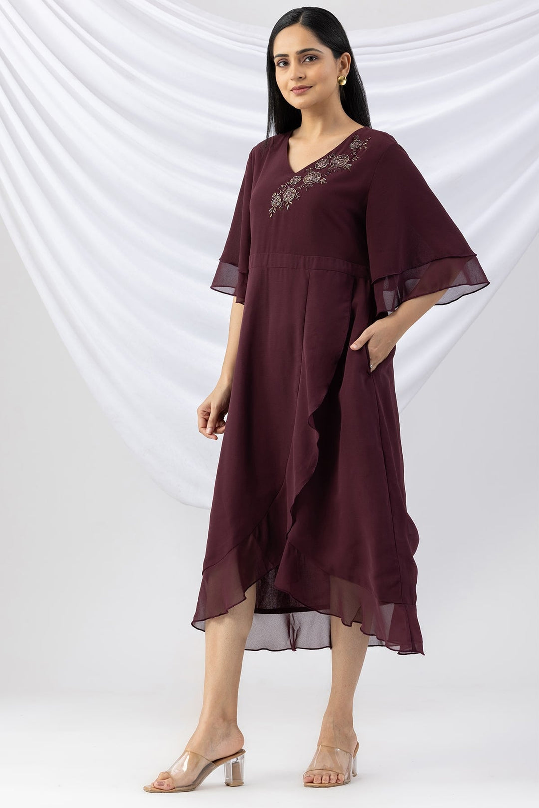 Wine Embroidered Georgette Dress with V-Neck &amp; Flared Sleeves