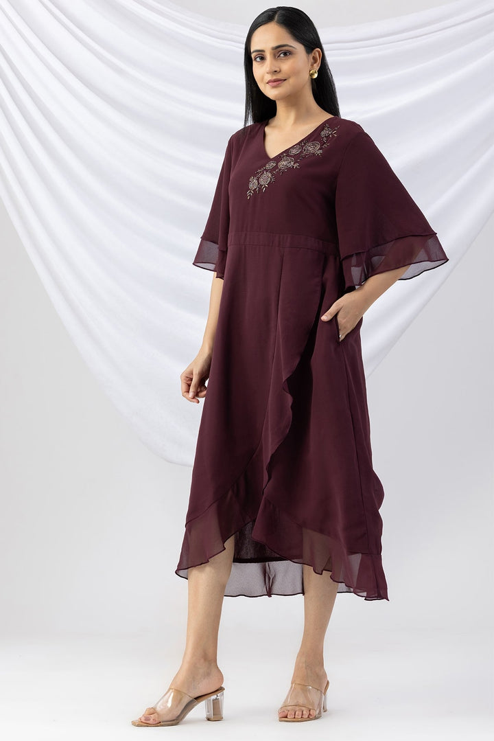 Wine Embroidered Georgette Dress with V-Neck &amp; Flared Sleeves