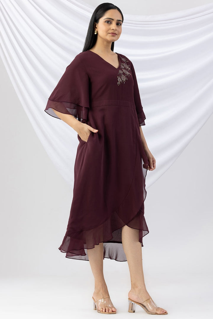 Wine Embroidered Georgette Dress with V-Neck &amp; Flared Sleeves