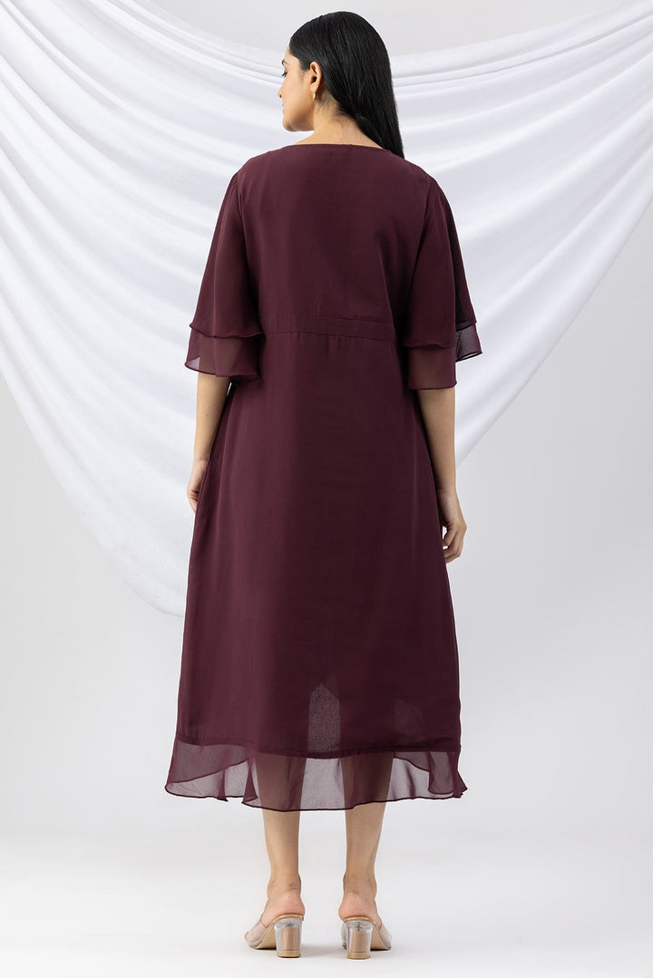 Wine Embroidered Georgette Dress with V-Neck &amp; Flared Sleeves