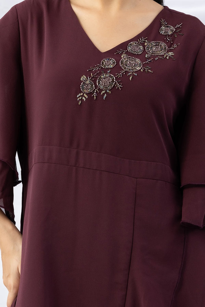 Wine Embroidered Georgette Dress with V-Neck &amp; Flared Sleeves