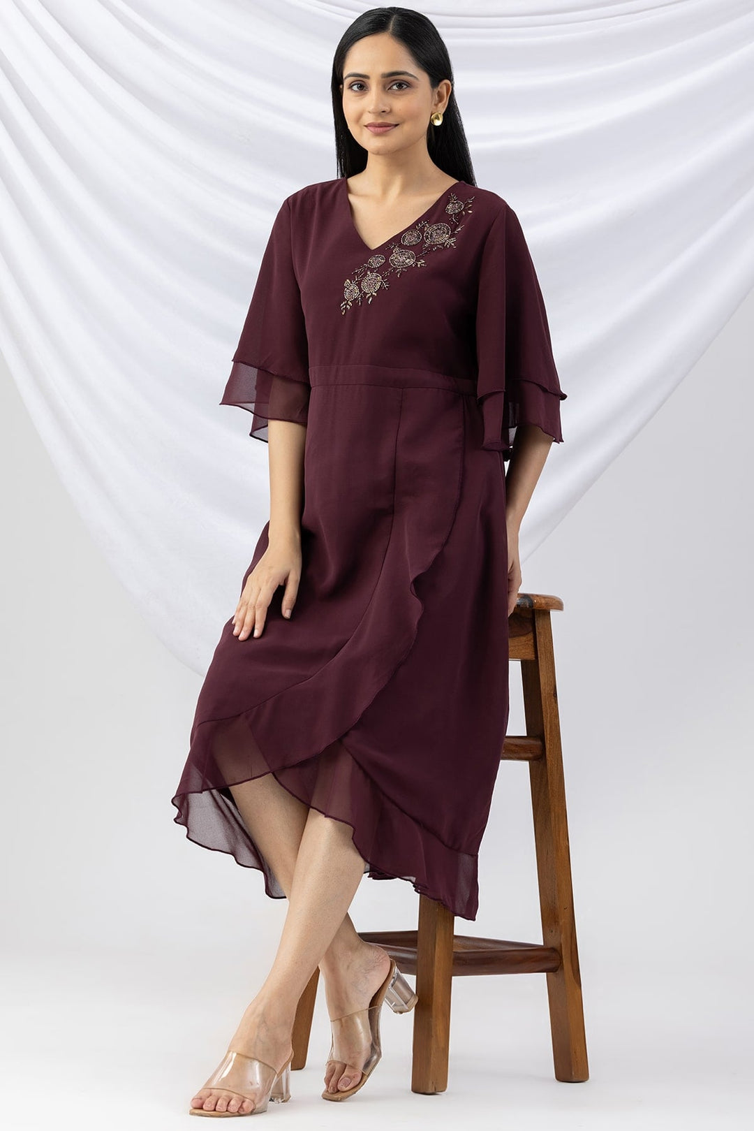 Wine Embroidered Georgette Dress with V-Neck &amp; Flared Sleeves