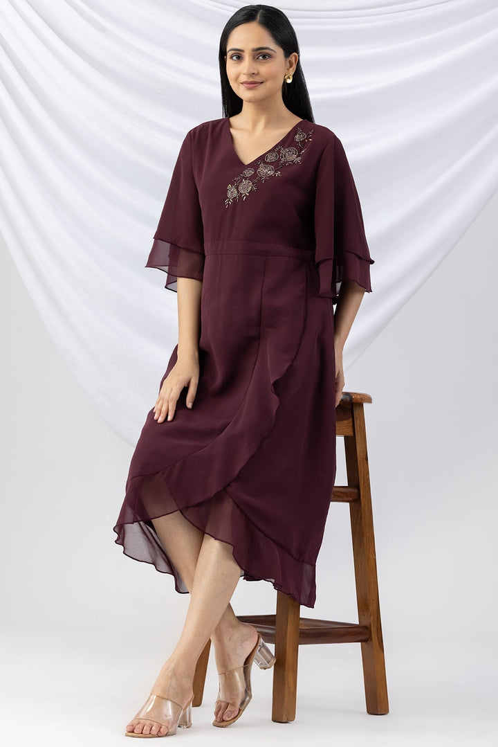 Wine Embroidered Georgette Dress with V-Neck &amp; Flared Sleeves
