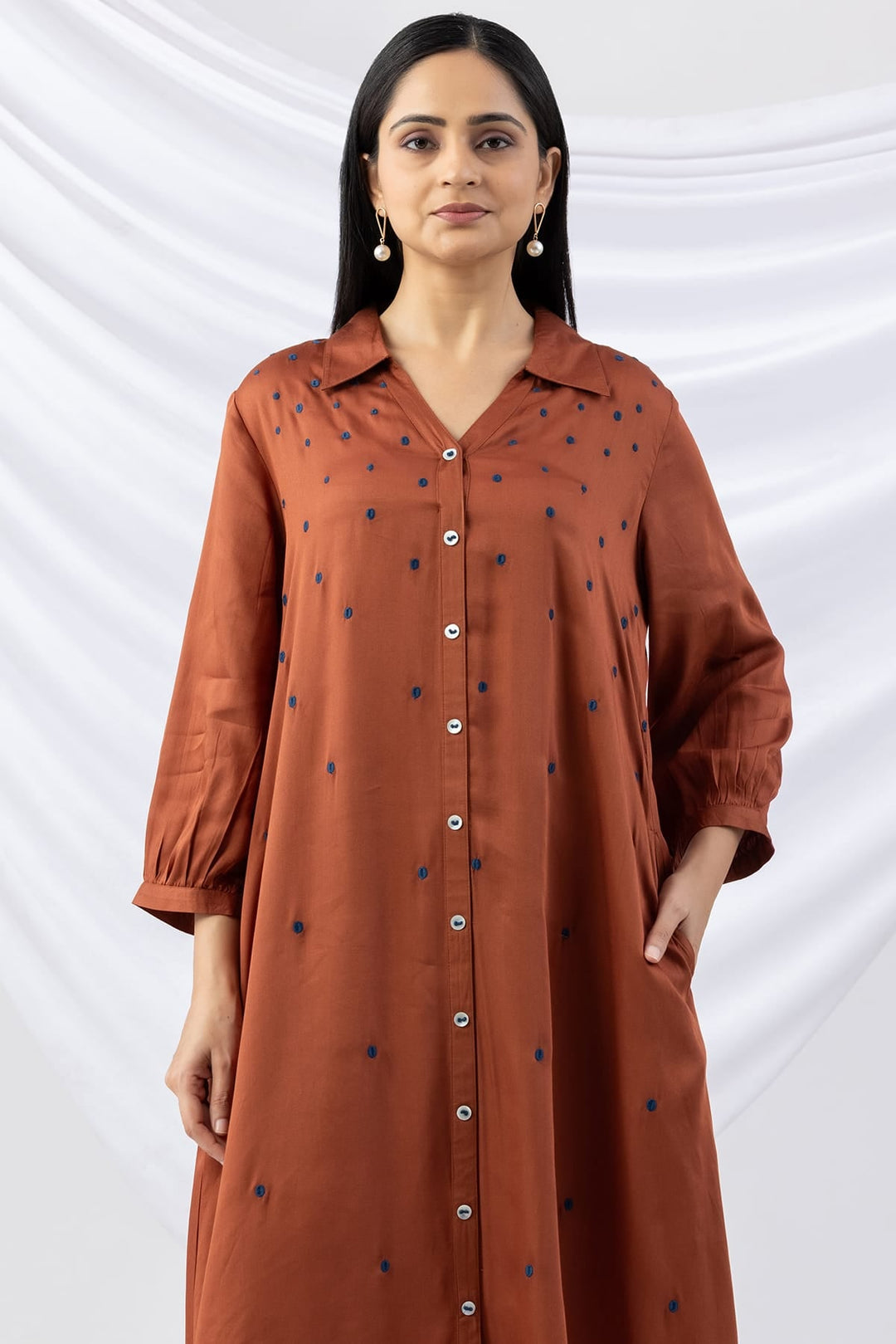 Brown Viscose Modal Dress with Collar &amp; 3/4 Sleeves