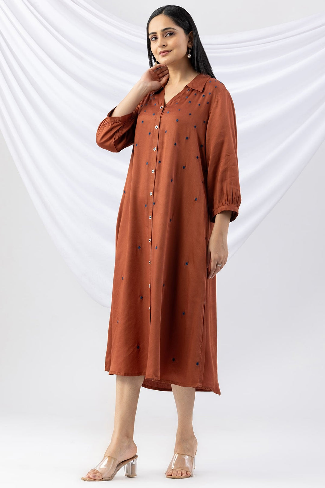 Brown Viscose Modal Dress with Collar &amp; 3/4 Sleeves