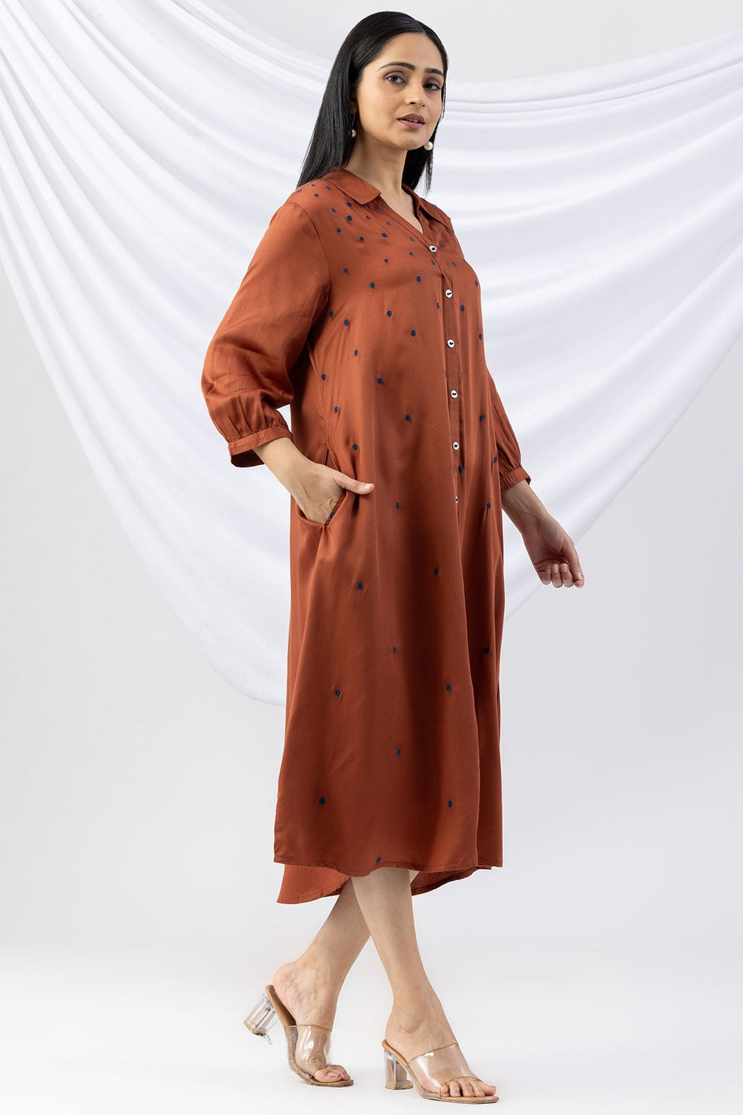 Brown Viscose Modal Dress with Collar &amp; 3/4 Sleeves