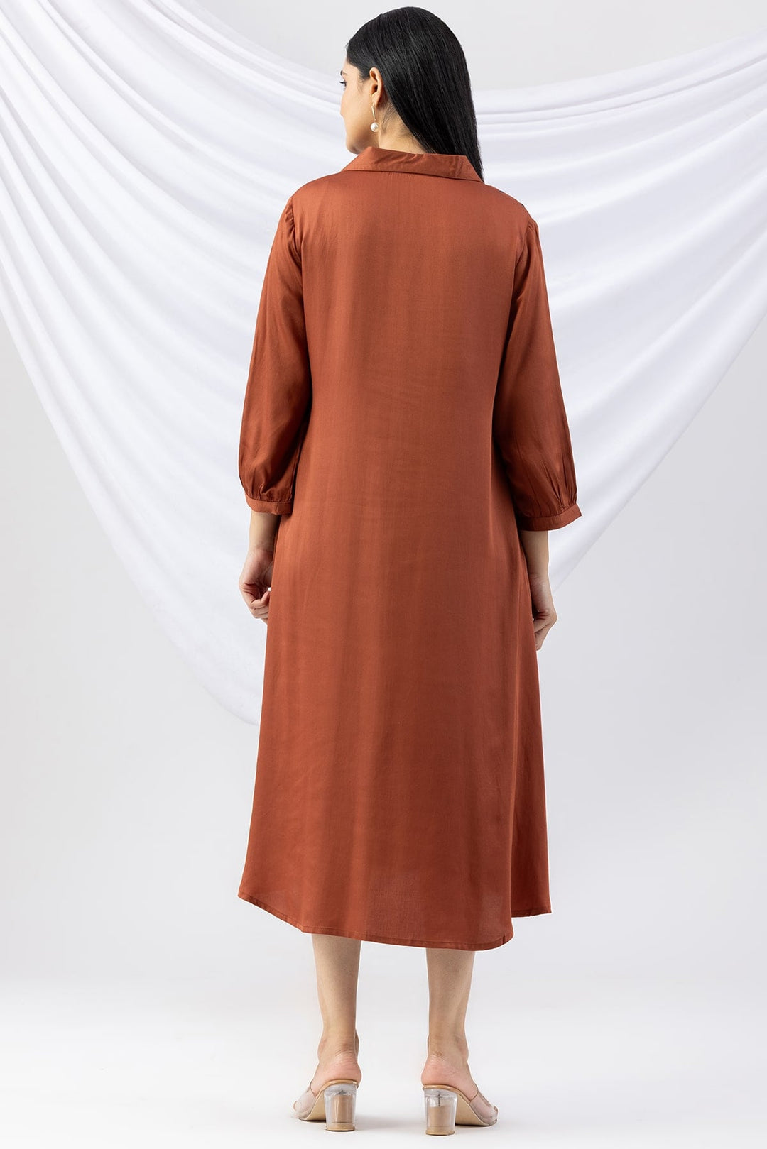 Brown Viscose Modal Dress with Collar &amp; 3/4 Sleeves