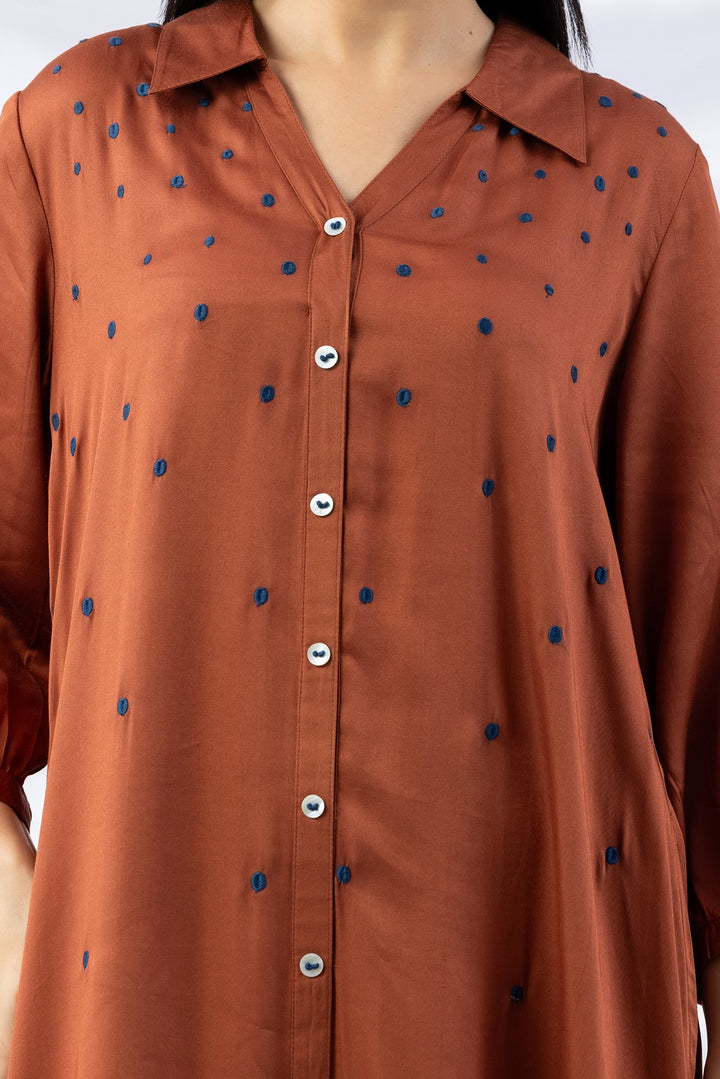 Brown Viscose Modal Dress with Collar &amp; 3/4 Sleeves